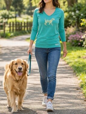 Life Is Good Long Sleeve Crusher Tee Golden Retriever Teal V Neck Women’s Small